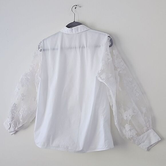 Zara White Organza Appliques Balloon Sleeves Button Down Shirt M (15) - Picture 4 of 10